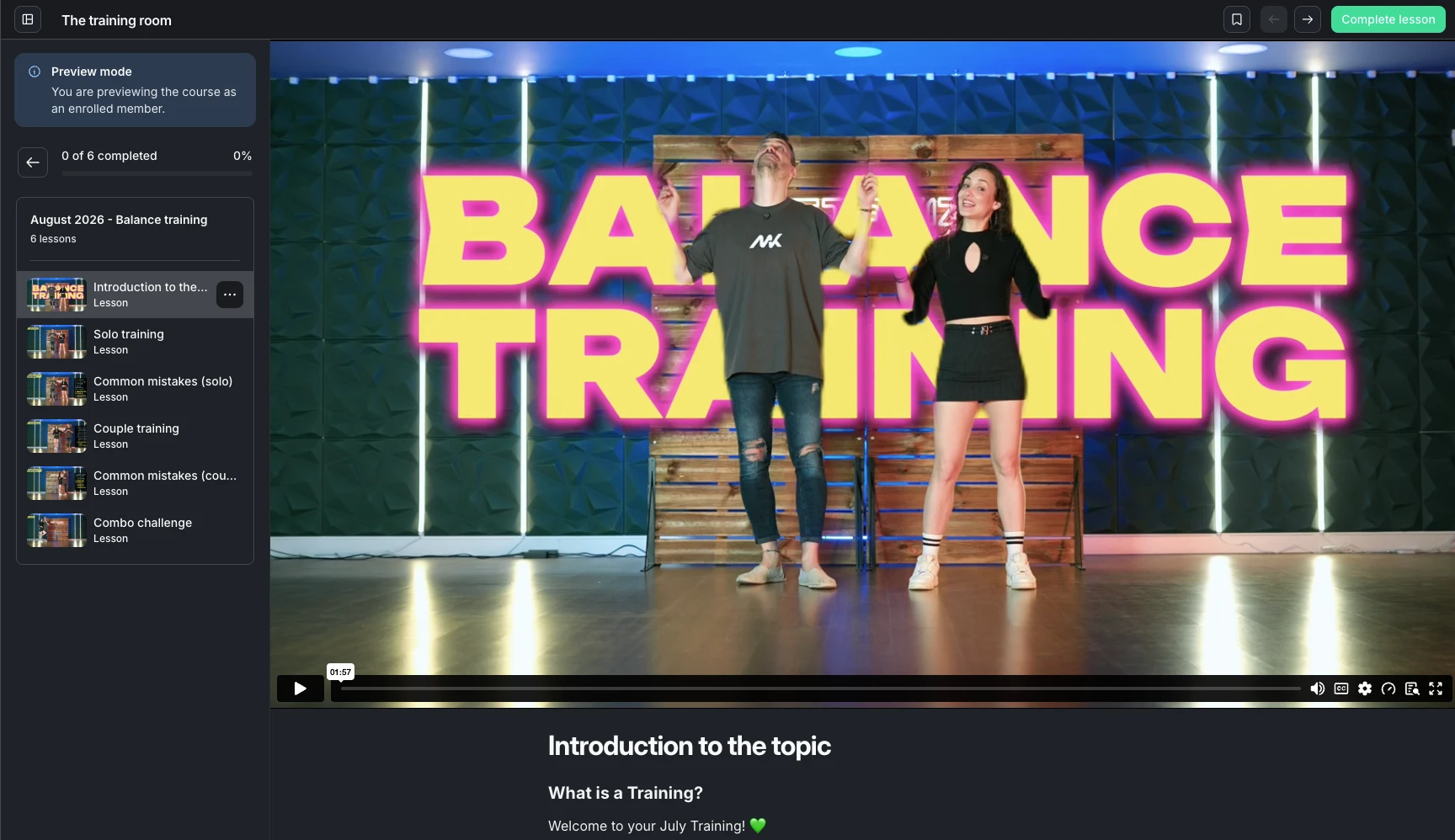 The training room in the MetaKizz Community: August 2026, Balance training, 6 lessons